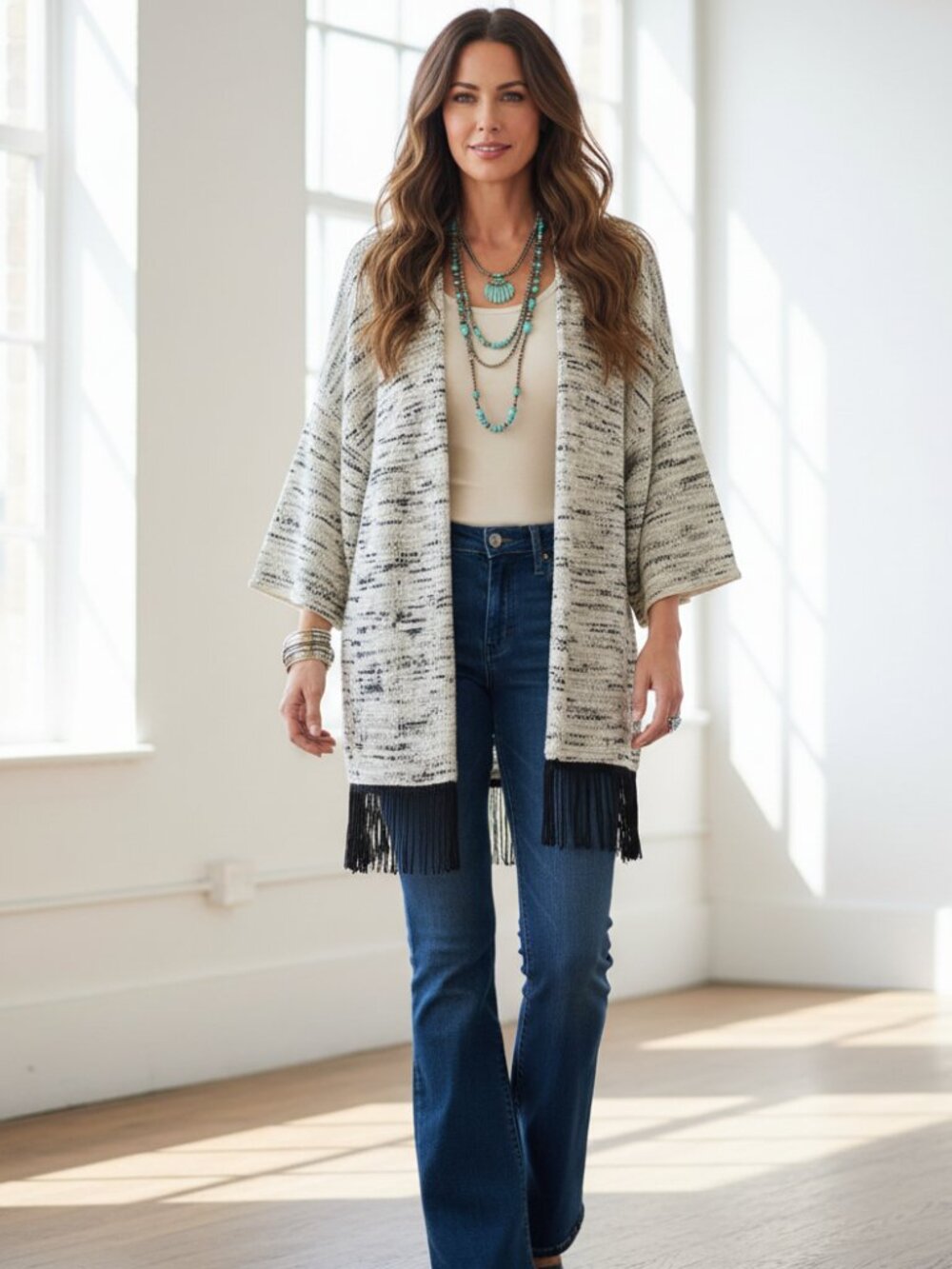 Reserved‎ M Cardigan Kimono White Black Textured Half Sleeve Fringe Boho Witchy